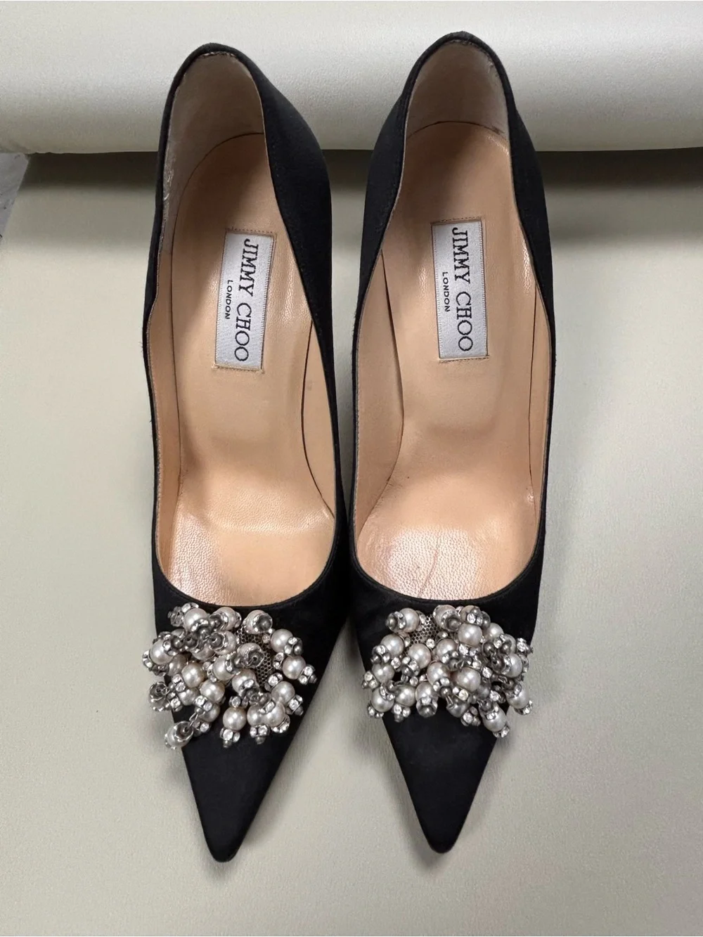 Jimmy Choo Black Pearl-Embellished Pointed Toe Pumps Size 7.5
